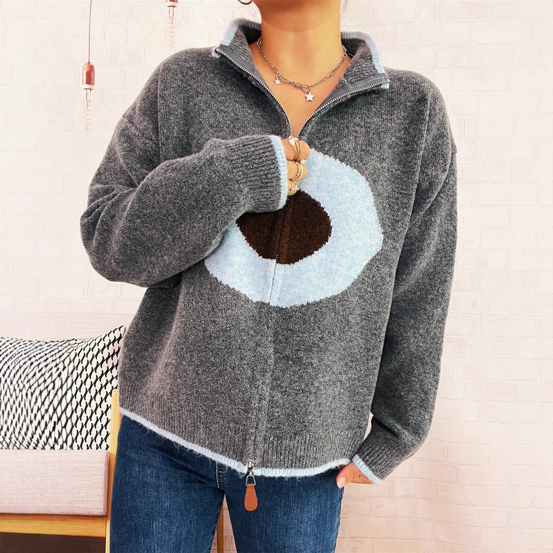 Chic Ring Jacquard Knitted Coat with Zipper