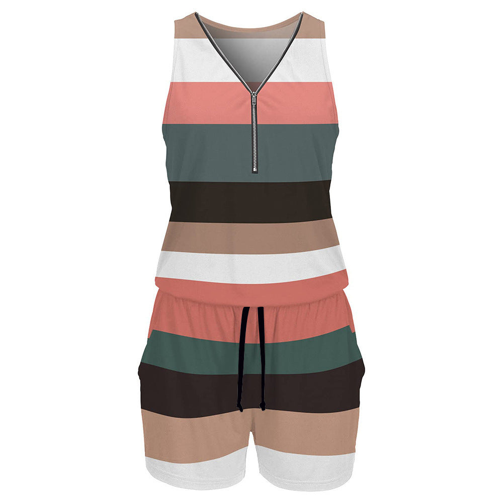 Women's V-Neck Zip-Up Striped Sleeveless Romper Shorts