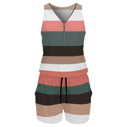 Women's V-Neck Zip-Up Striped Sleeveless Romper Shorts
