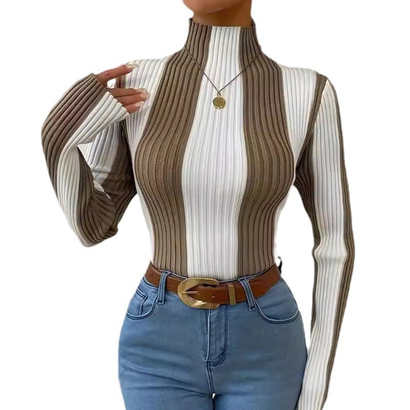 Women's Spring and Autumn Classic Black and White Contrast Color Vertical Pattern Sweater