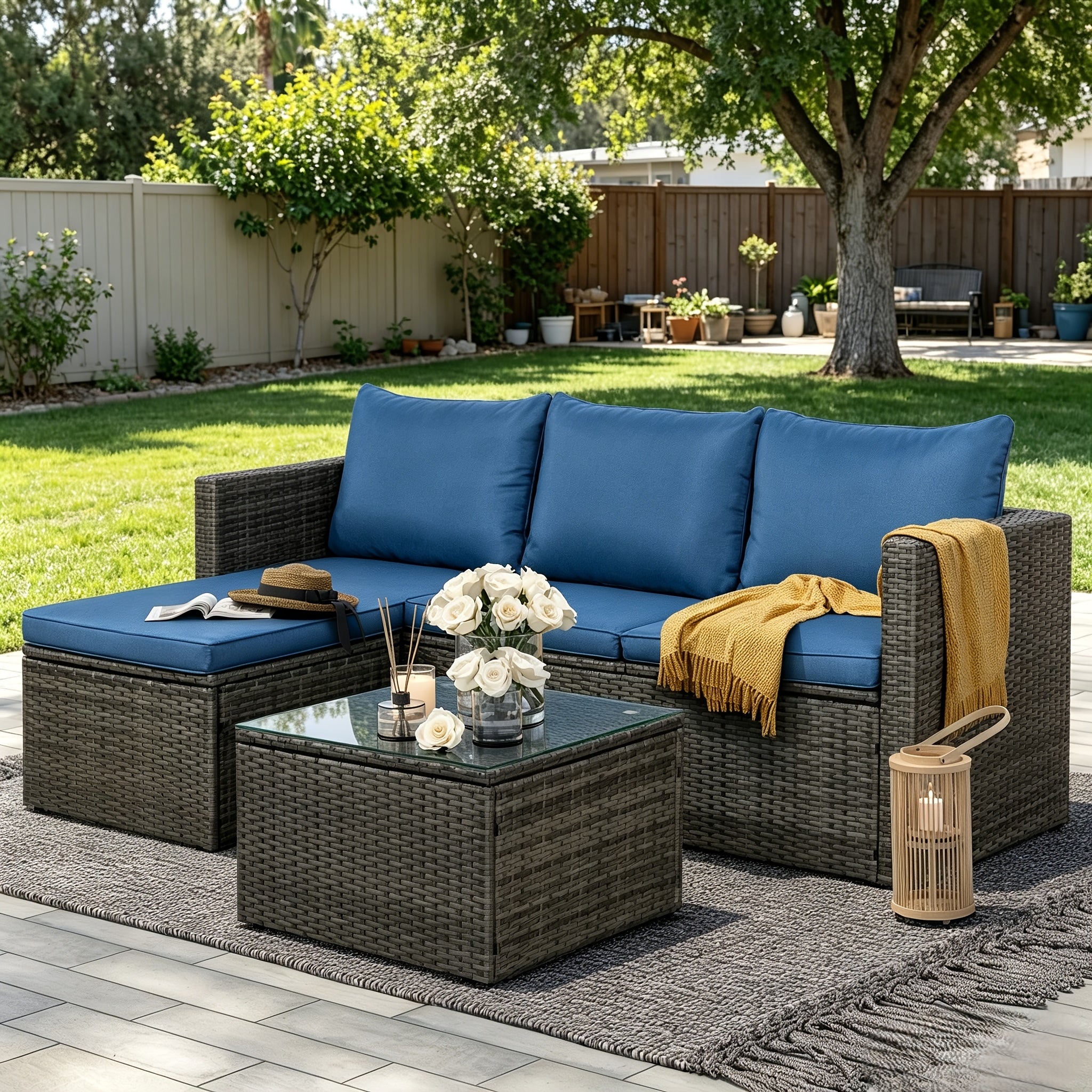 3pcs Outdoor Patio Furniture Set, PE Rattan Sectional Sofa with Detachable Cushions, Glass Coffee Table And Ottoman, Weather-Resistant for Backyard Garden Deck