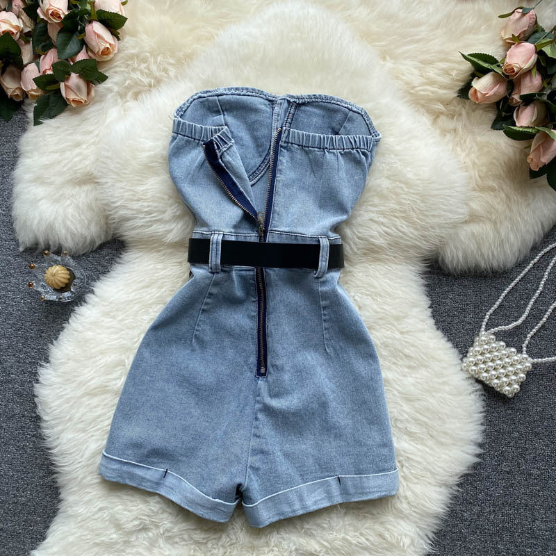 Women's High-Waist Denim Romper Casual Wide-Leg Jumpsuit