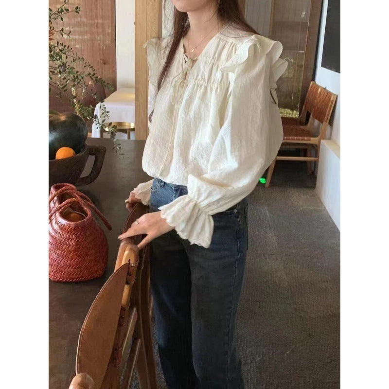 Design Sense Bell Sleeve Ruffled Tied Taro Purple Shirt