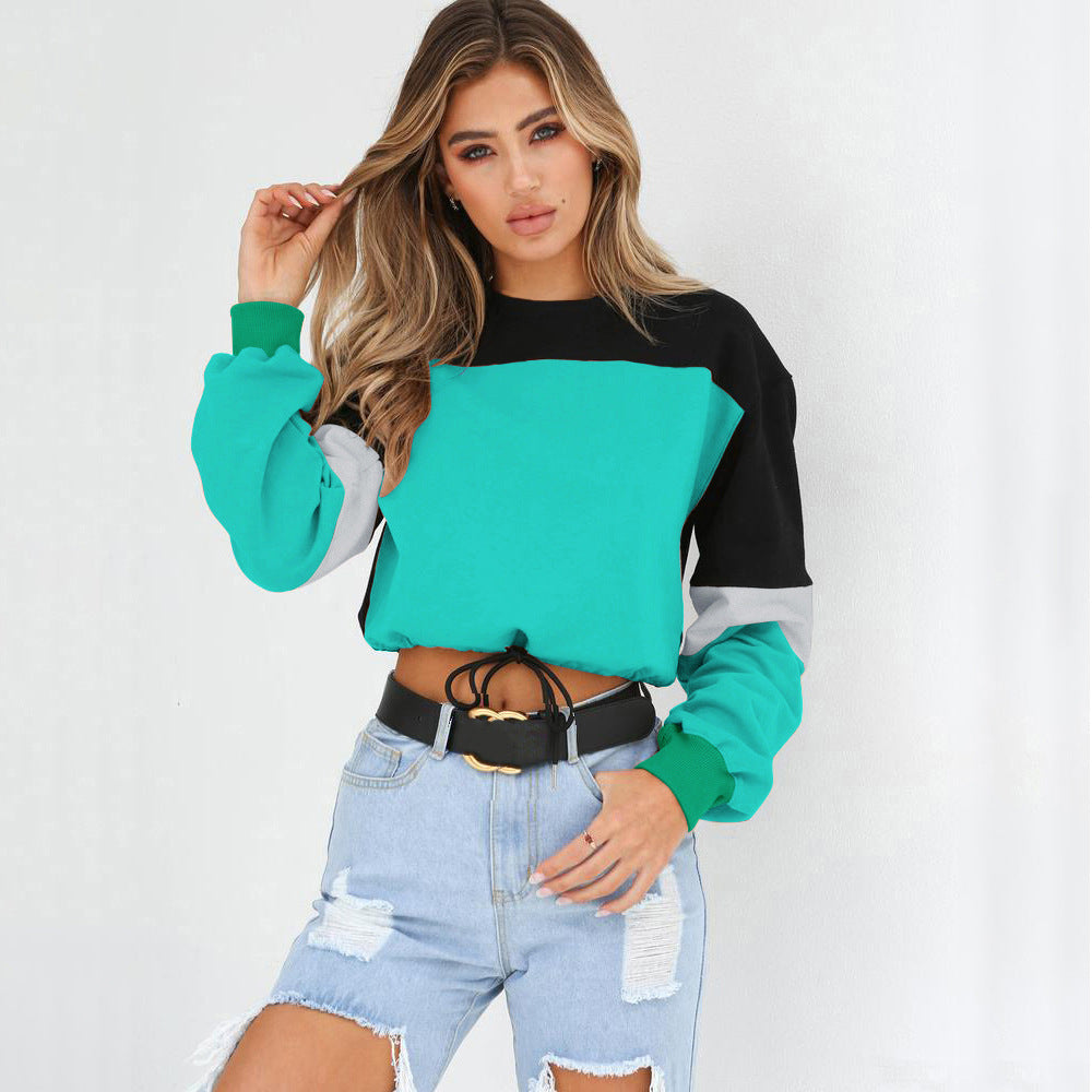 Cozy Patchwork Round Neck Lace-Up Sweater