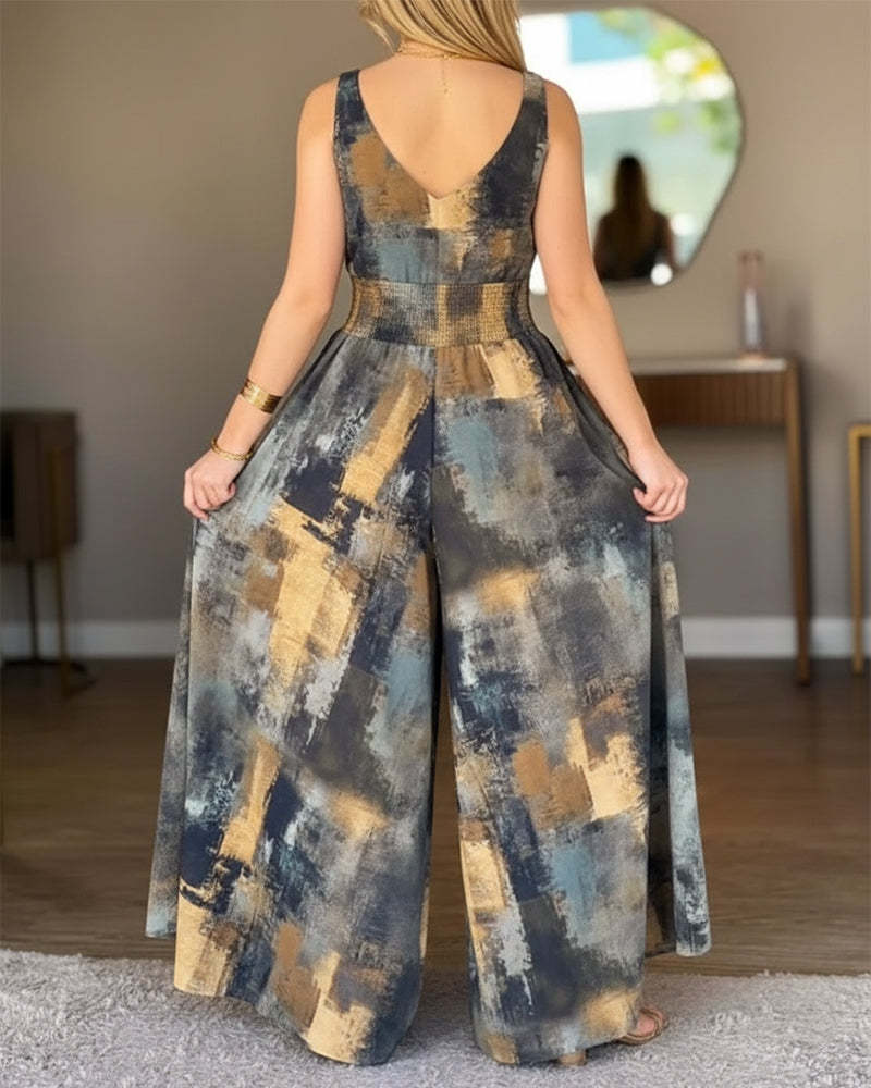 Women's Printed V-neck High-waisted Backless One-piece Pants