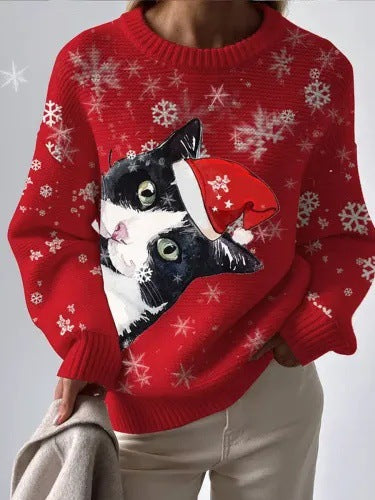3d Digital-print Womens Crew-neck Loose Retro Jacquard Pullover Sweater