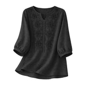 Women's Embroidered Linen Cotton Blouse, V-Neck  Sleeve Casual Summer Top