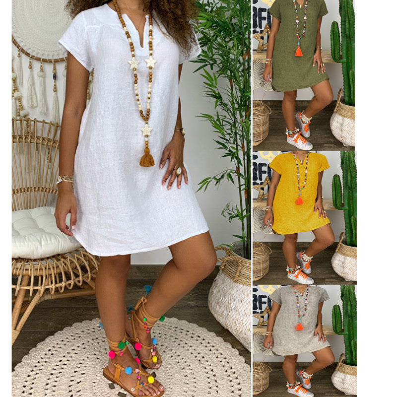 New Amazon Wish Hot Spring Summer Loose Skirt Short Sleeve V-neck S…