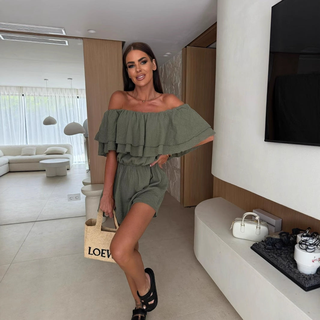 Solid-color Ruffled Off-shoulder Jumpsuit For Women