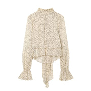Fashionable And Chic Polka-Dot Necktie-Details Ruffle-Trimmed Short Shirt