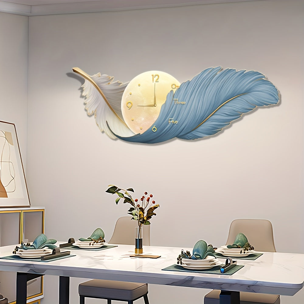 Large Feather Wall Decor Clock - Bohemian Feather Wall Decor For Bedroom | Chic Feather Wall Sculpture Room Decor - Living Room Apartment