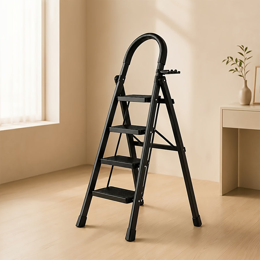 2000 lb Load‑Bearing Folding Steel Ladder with Anti‑Slip Wide Treads, Handrails, Safety Lock, Black and Red