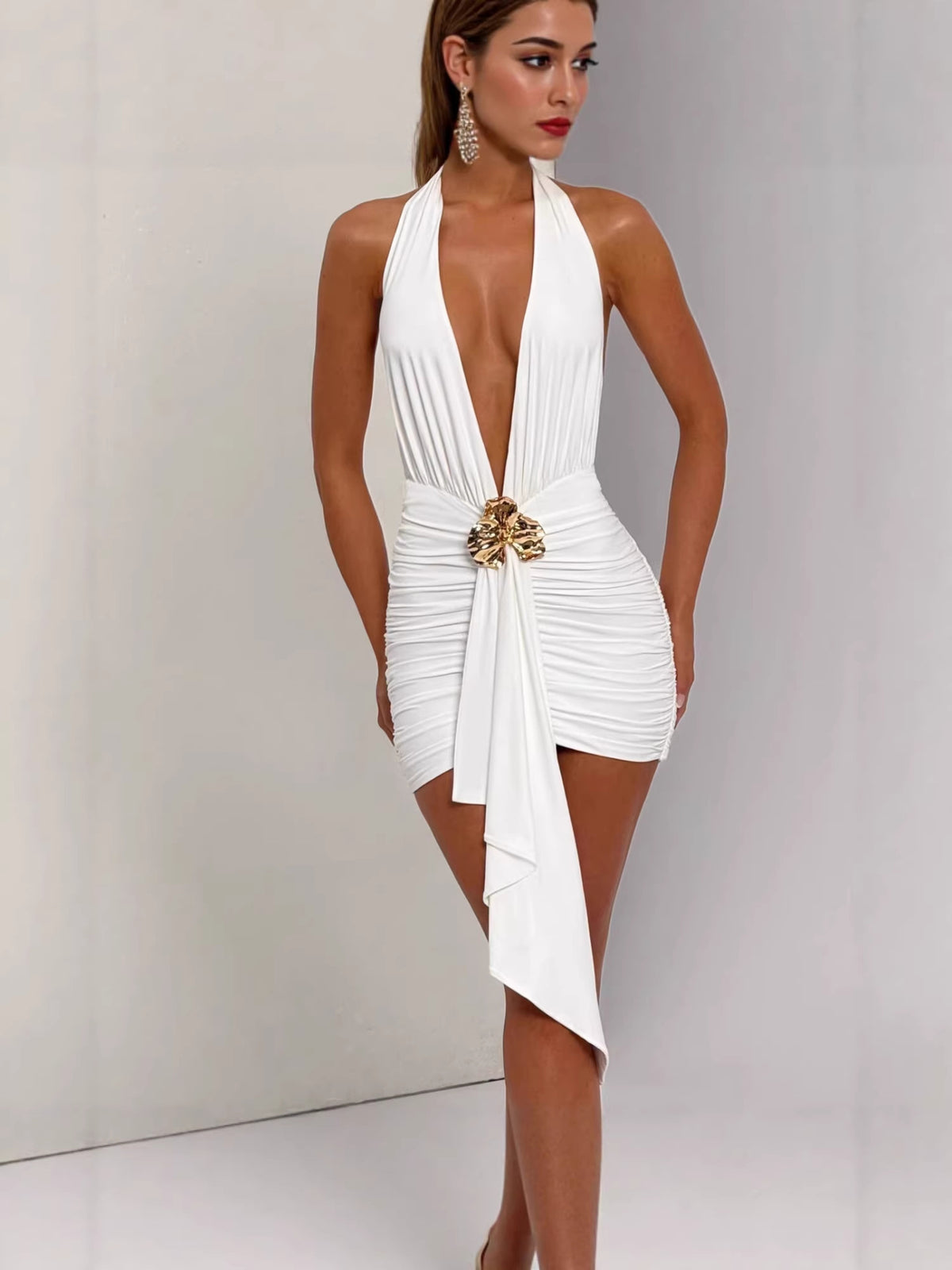 Halter-neck Cross-tie Backless Pleated Sheath Dress