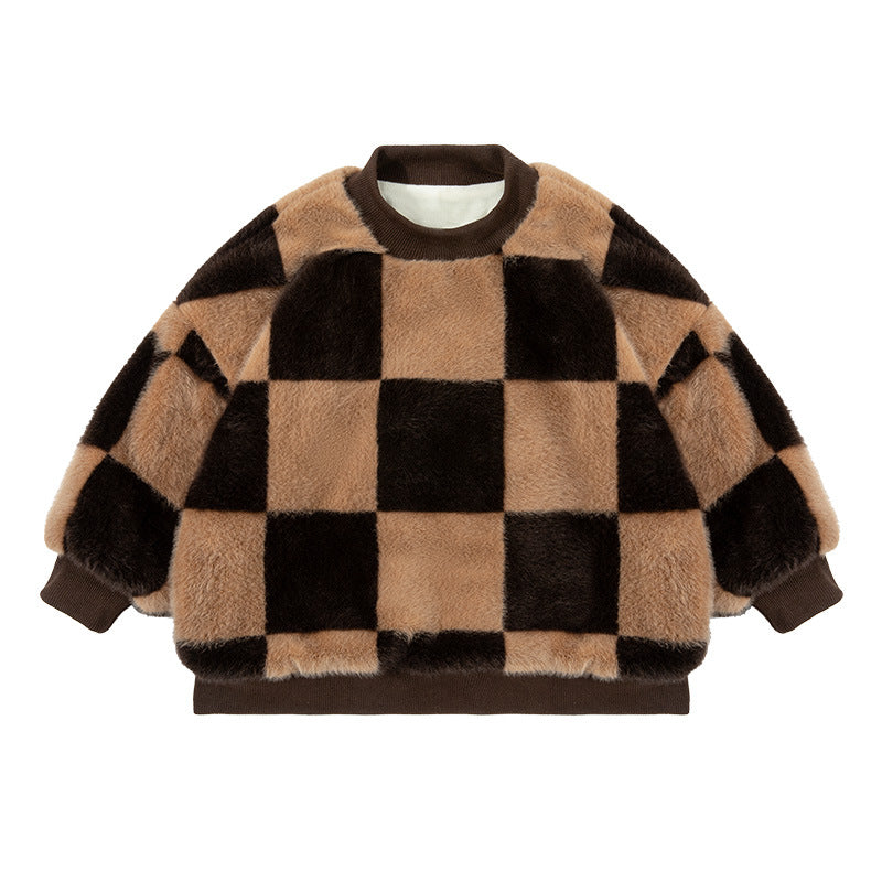 Kids Fleece-Lined Plaid Sweater Warm Winter Pullover