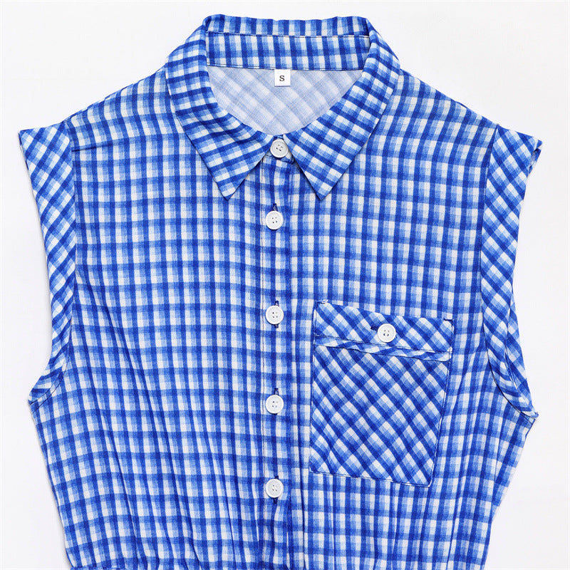 Chic Plaid Lapel Sleeveless Romper Shorts