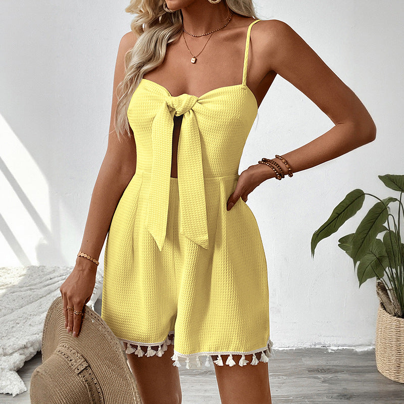 Fringe Knotted Texture Waffle Suspender Jumpsuit Shorts