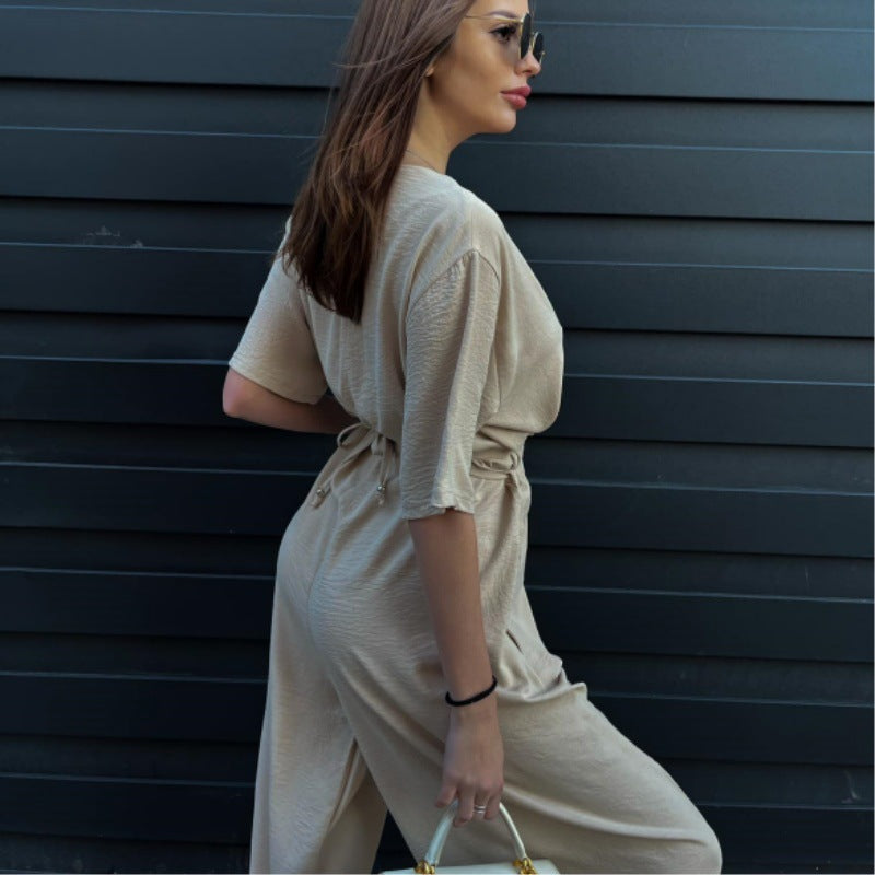 Chic V-Neck Wide-Leg Jumpsuit with Waist Tie