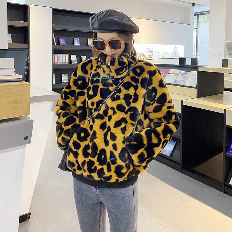 Leopard Print Faux Fur Stitching Women's Winter Sweater