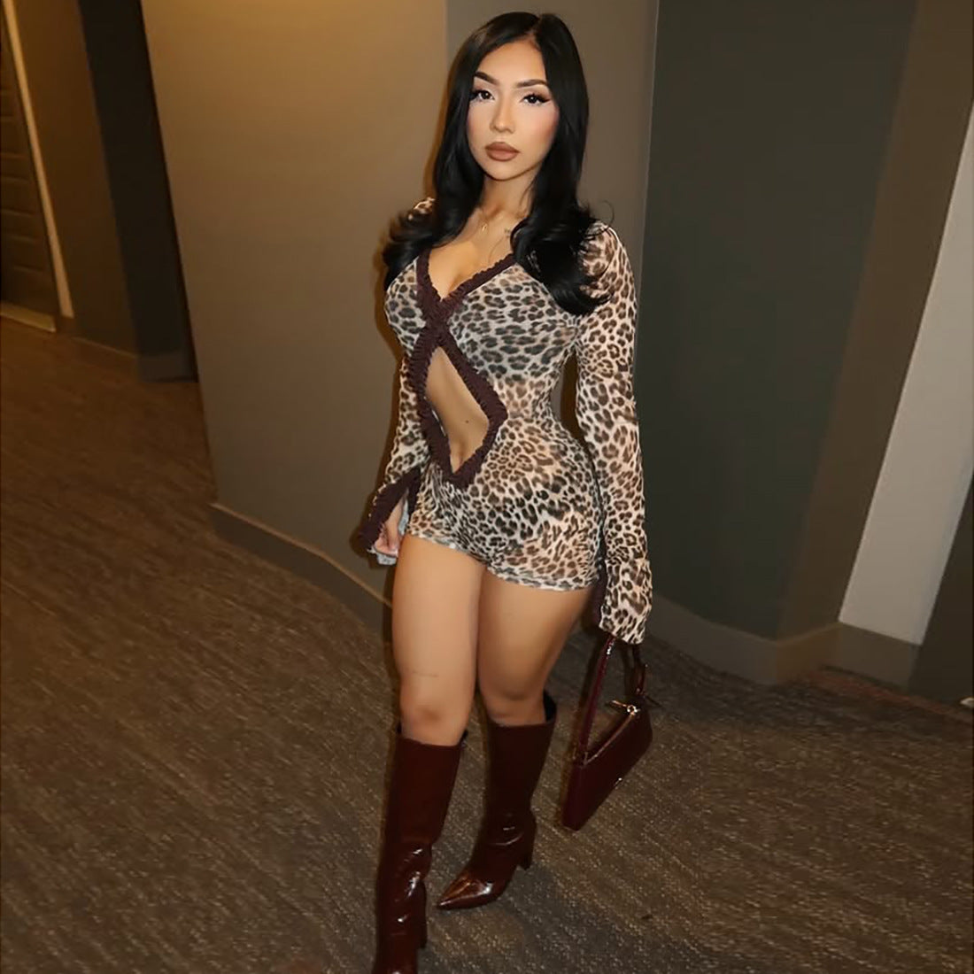 Sexy Tight Cut-Out Print Sheer Jumpsuit With Midriff-Baring Design For Women