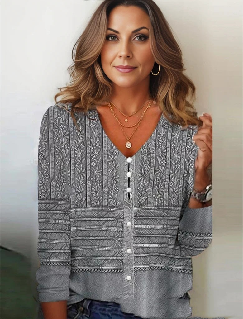 Spring And Autumn New Pattern Print V-neck Top