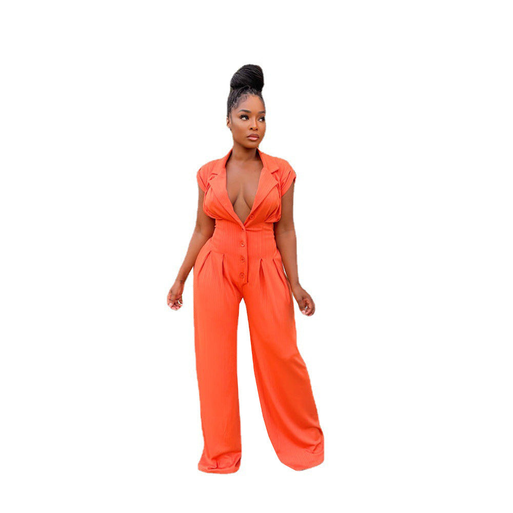 Chic Short Sleeve Stand Collar Wide Leg Jumpsuit