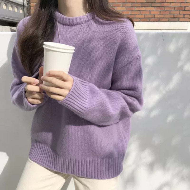 Solid-color Knitted Pullover Sweater for Women Korean Style Autumn Winter