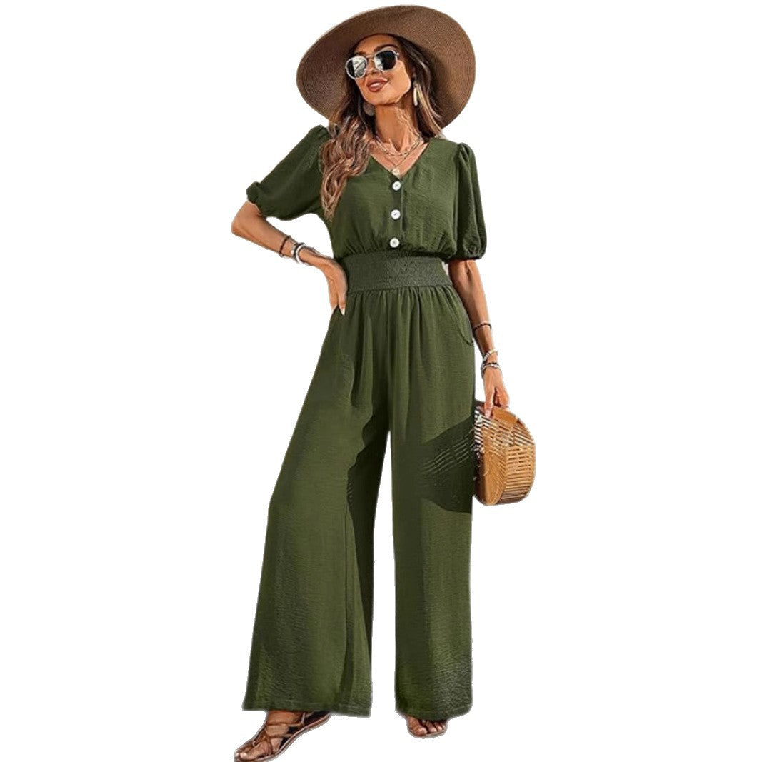 Chic Lapel Waist-Cinched Short-Sleeve Jumpsuit