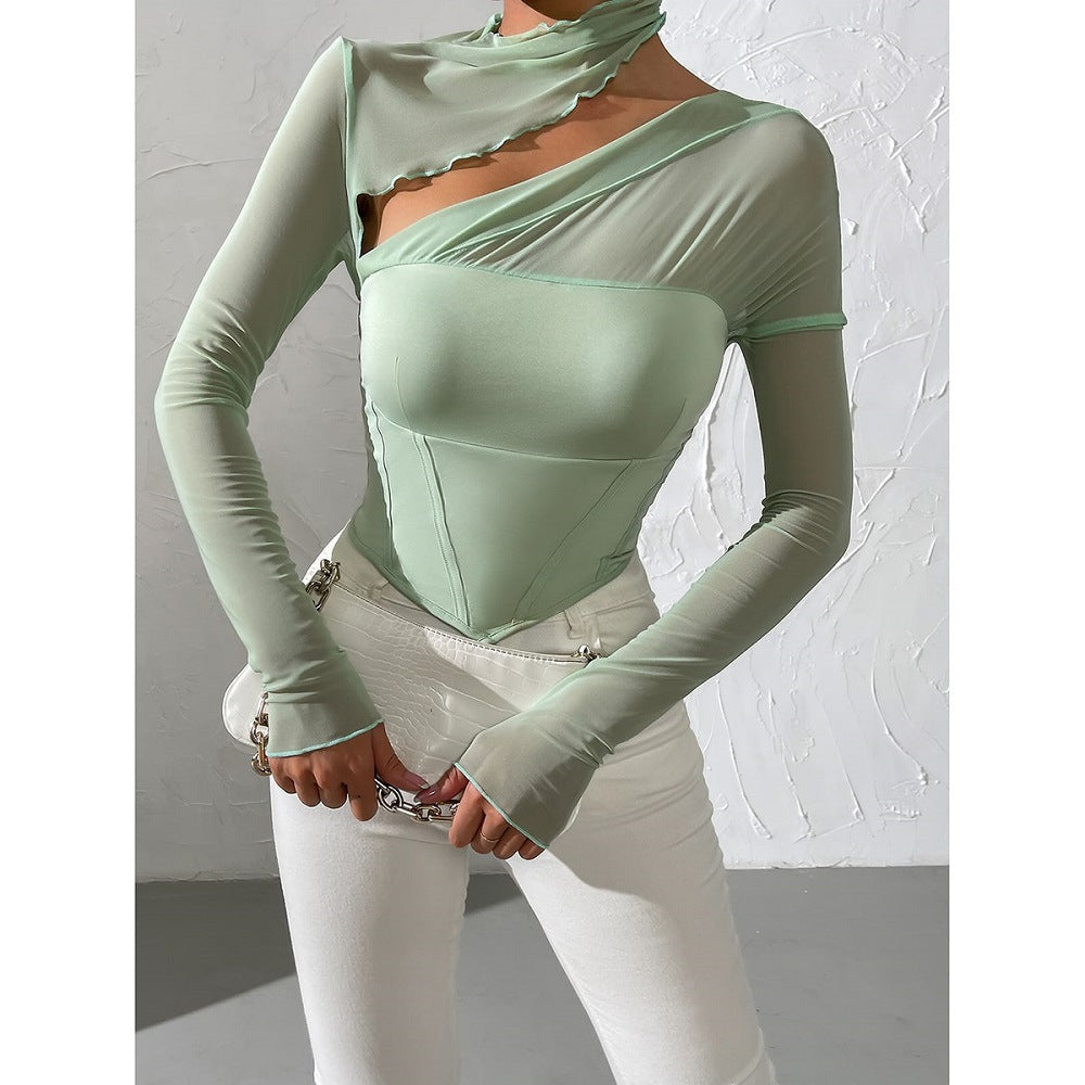 Women's Mesh Splicing Slim Fit Long Sleeve Top