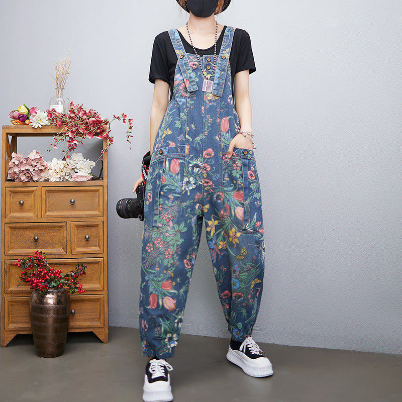 Women's Printed Denim Overalls & Suspender Pants