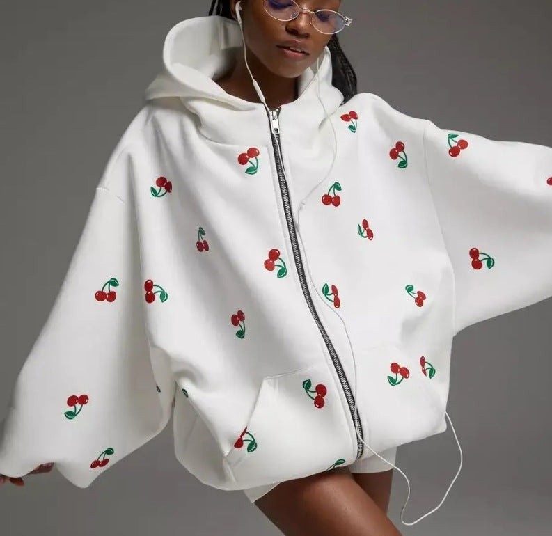 Women's Cute Cherry Print Zip-Up Hoodie