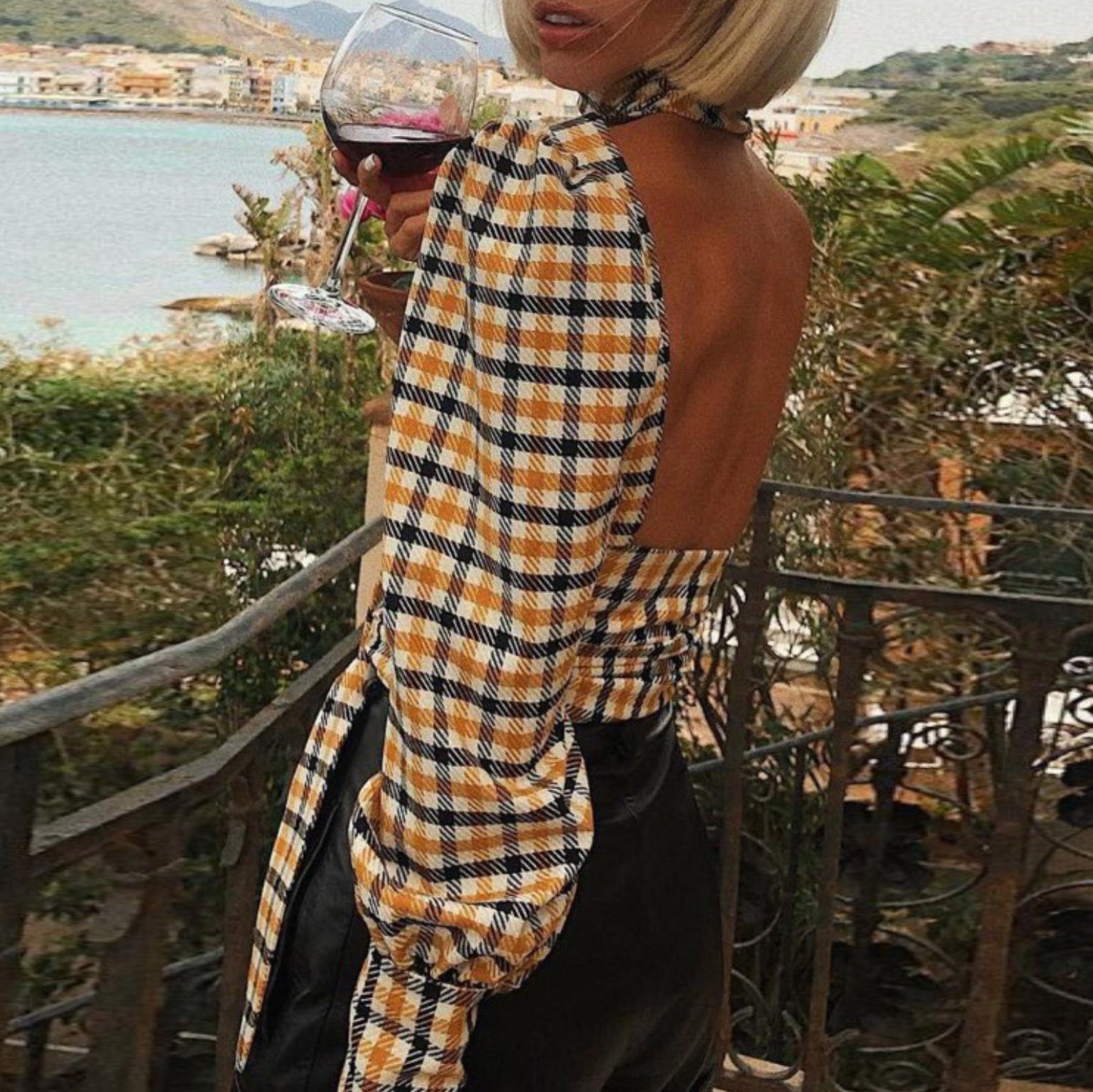 Women's Casual Backless Korean Version Versatile Checkered Top