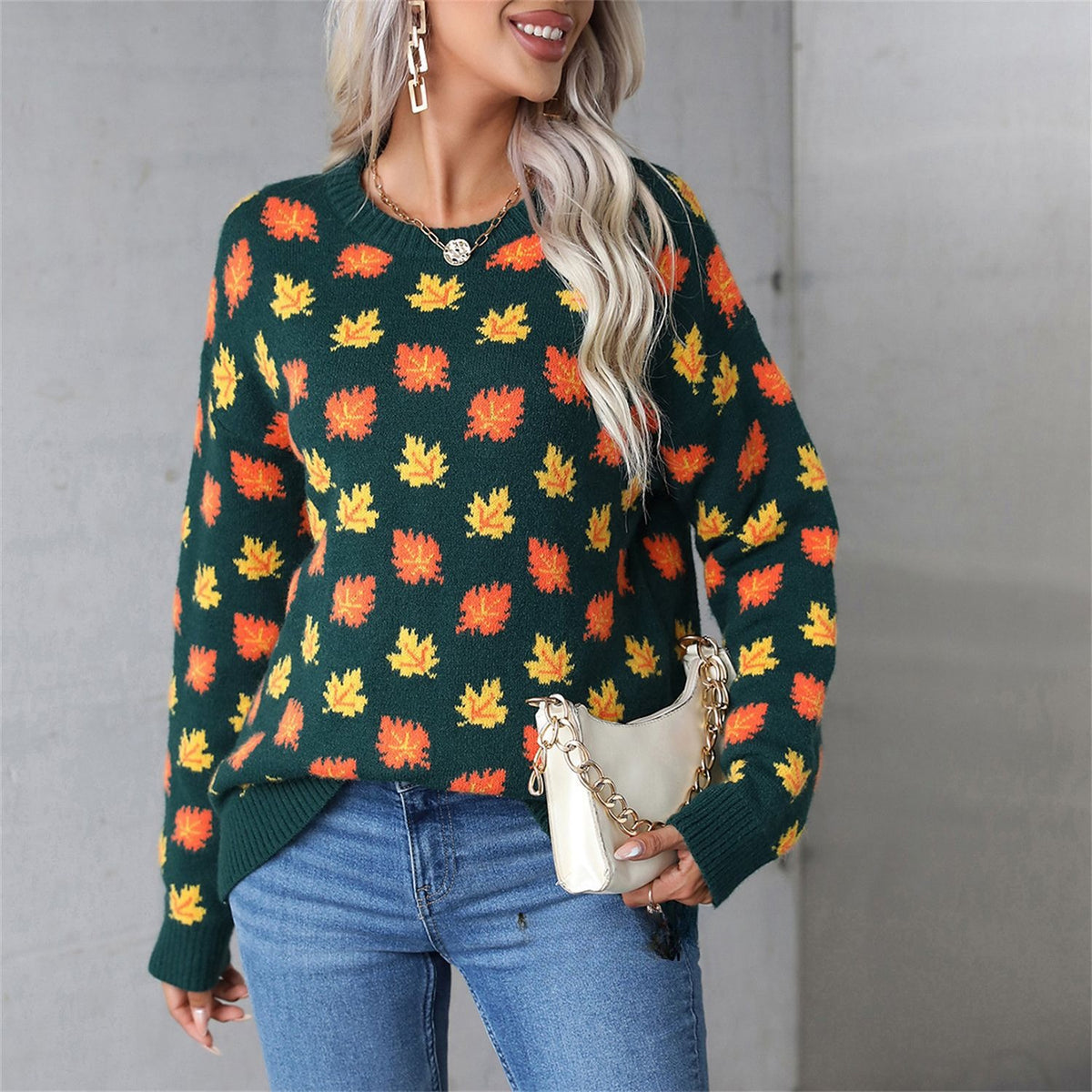 Maple Leaf Christmas Round Neck Hot Sweater