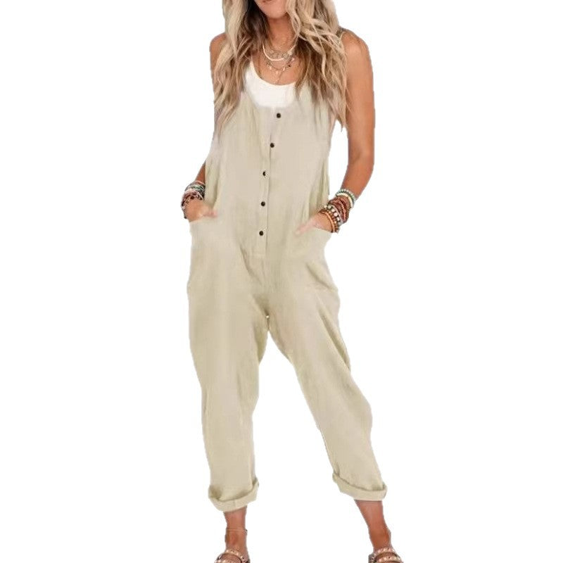 Women's Casual Loose Solid-Color Suspender Jumpsuit