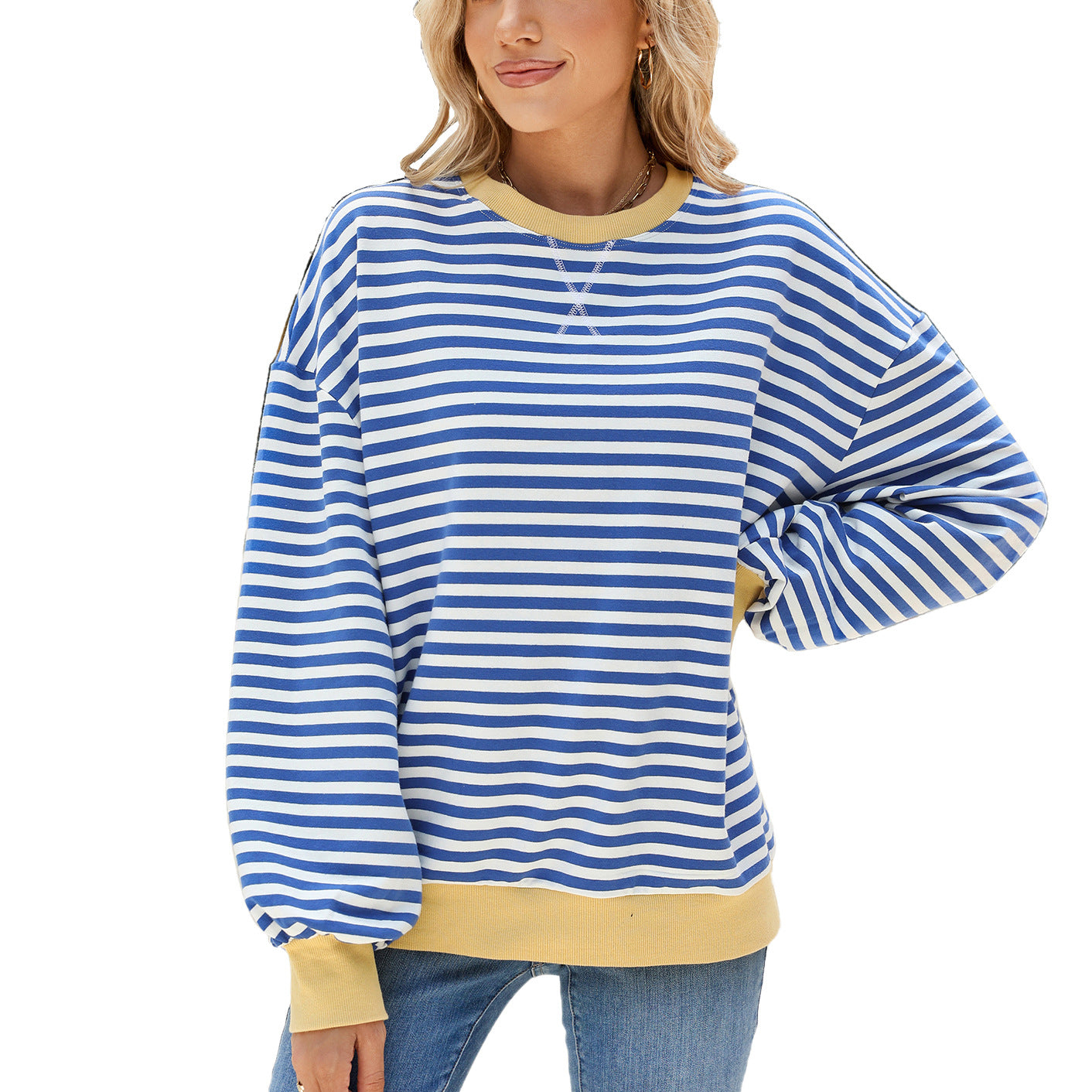 Women's Striped Round Neck Loose Long Sleeve Sweatshirt