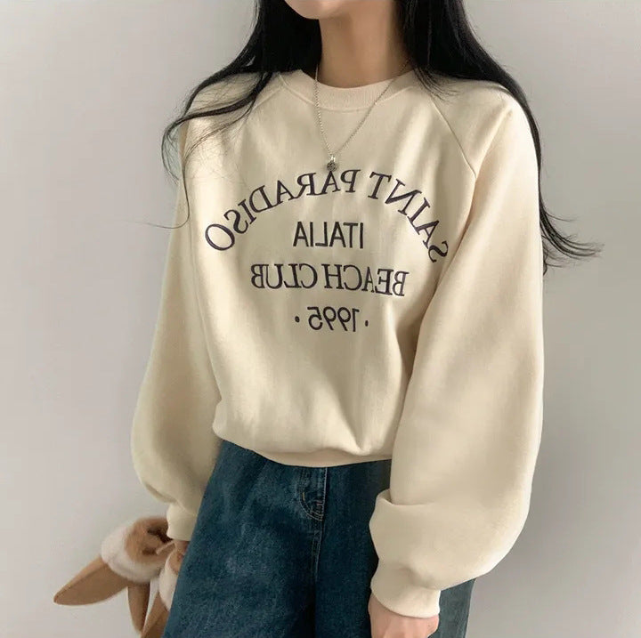 Embroidered Velvet Thick Round Neck Sweater for Women
