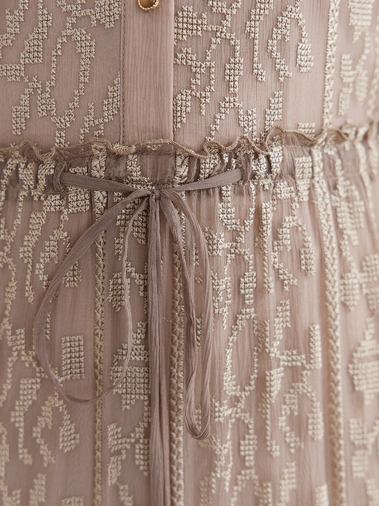 Luxury Mulberry Silk Floral Embroidered Midi Skirt