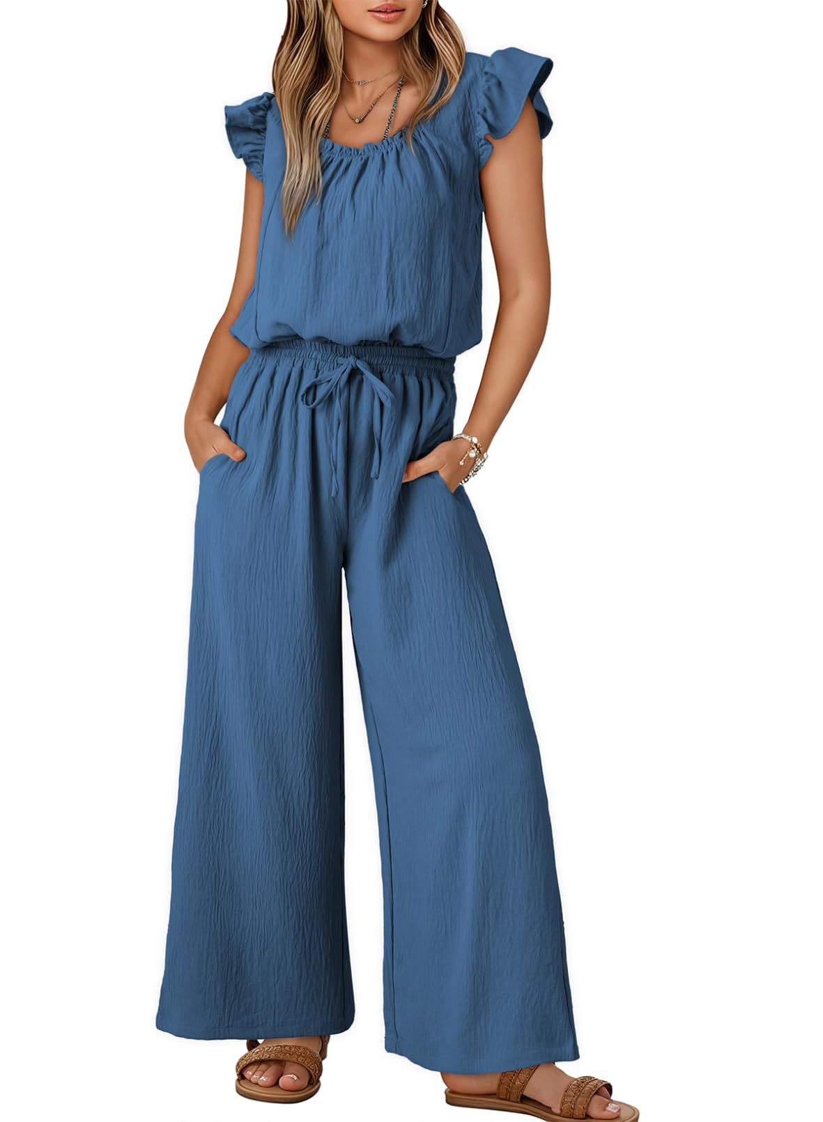 Solid-color Sleeveless Ruffle-sleeve One-piece Jumpsuit For Women