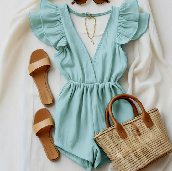 Fashionable Ruffled Deep V-Neck Backless Jumpsuit For Women