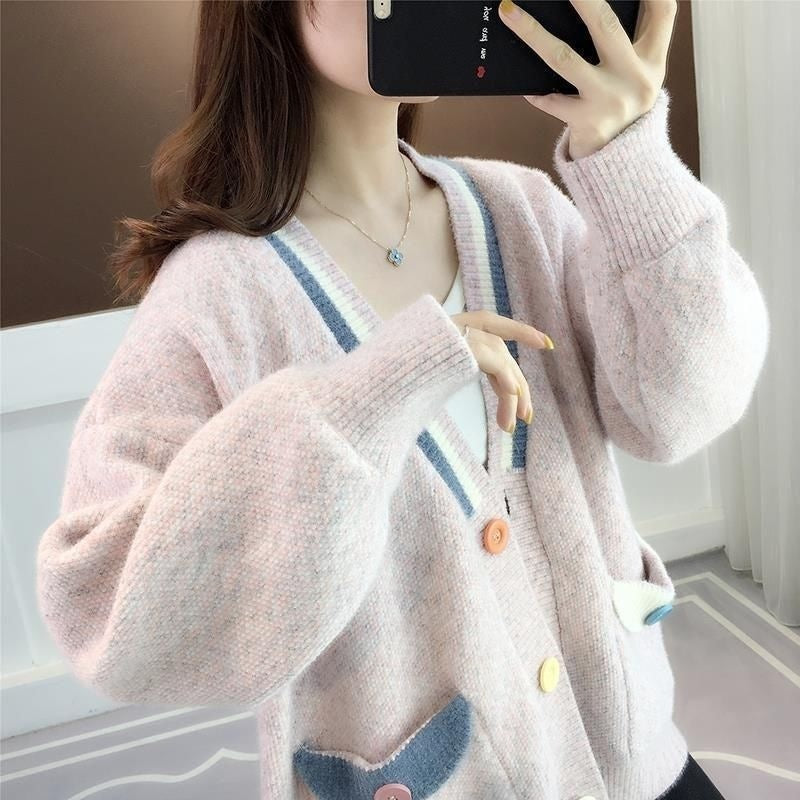 Womens Loose-fitting Outerwear Sweater with Contrasting-color Pockets