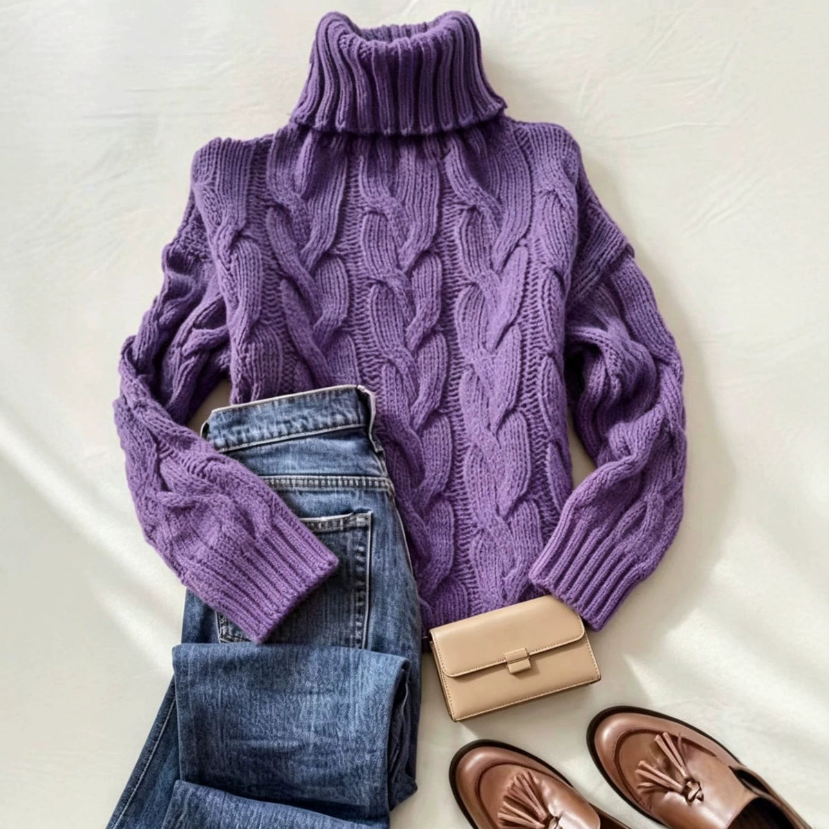 Comfortable Turtleneck Long-sleeve Sweater with a Cable-knit Pattern