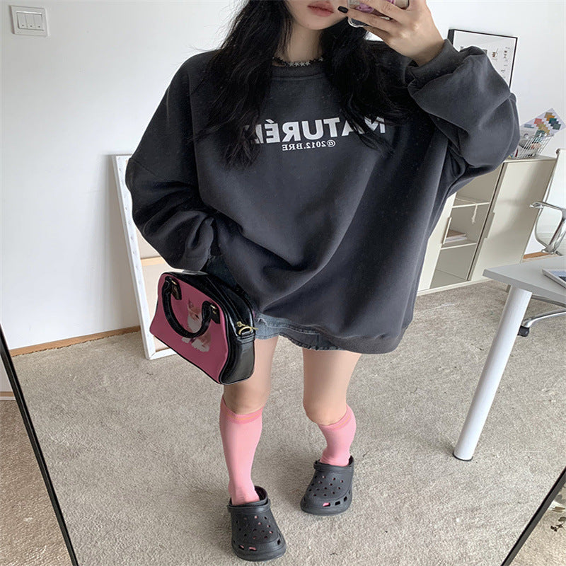 Cozy Fleece-Lined Letter Print Loose Long Sleeve Sweater