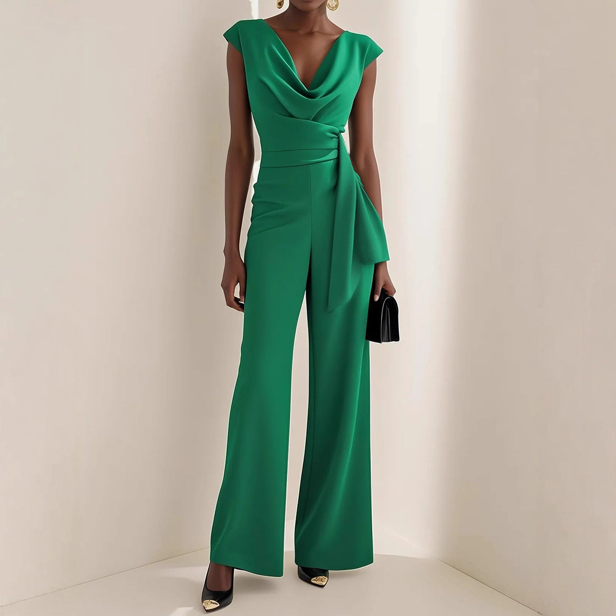 Elegant Sleeveless Cowl-Neck Belted Jumpsuit
