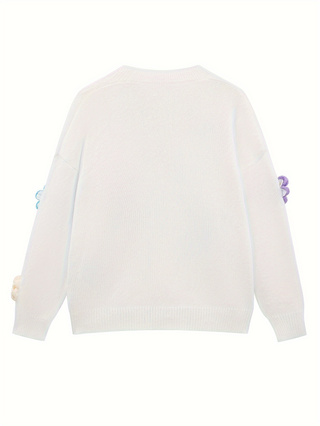Ladies Colorful Flower Knit Cardigan Loose Long Sleeve Casual Layering Outerwear