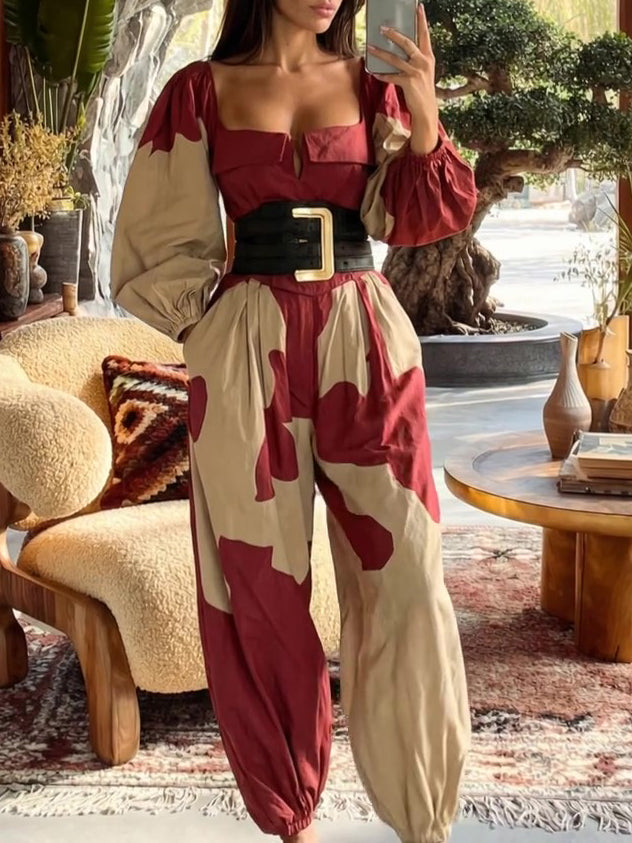 Red-Brown Colorblock Puff-Sleeve Waist-Cinched Jumpsuit