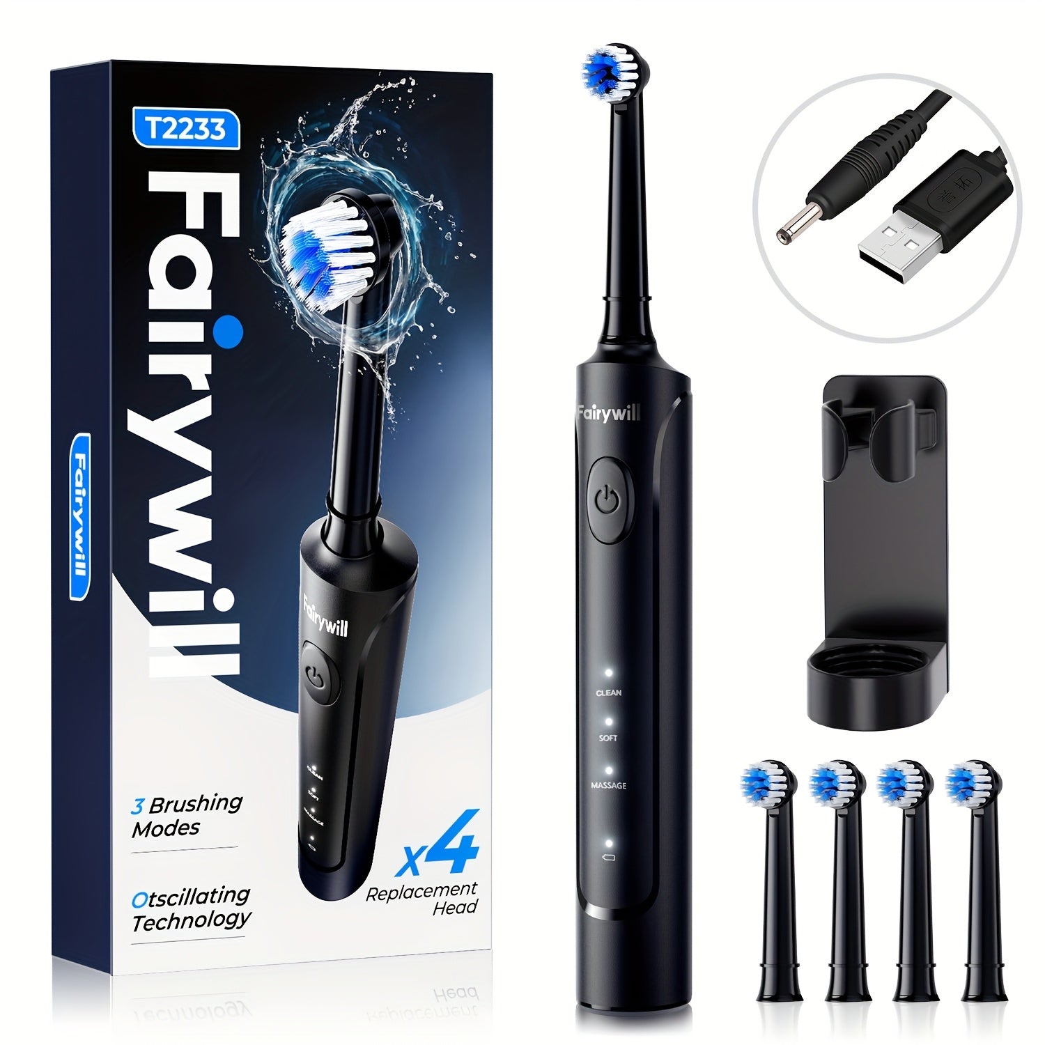 Electric Rotating Toothbrush with USB Charging Base and 4 Brush Heads