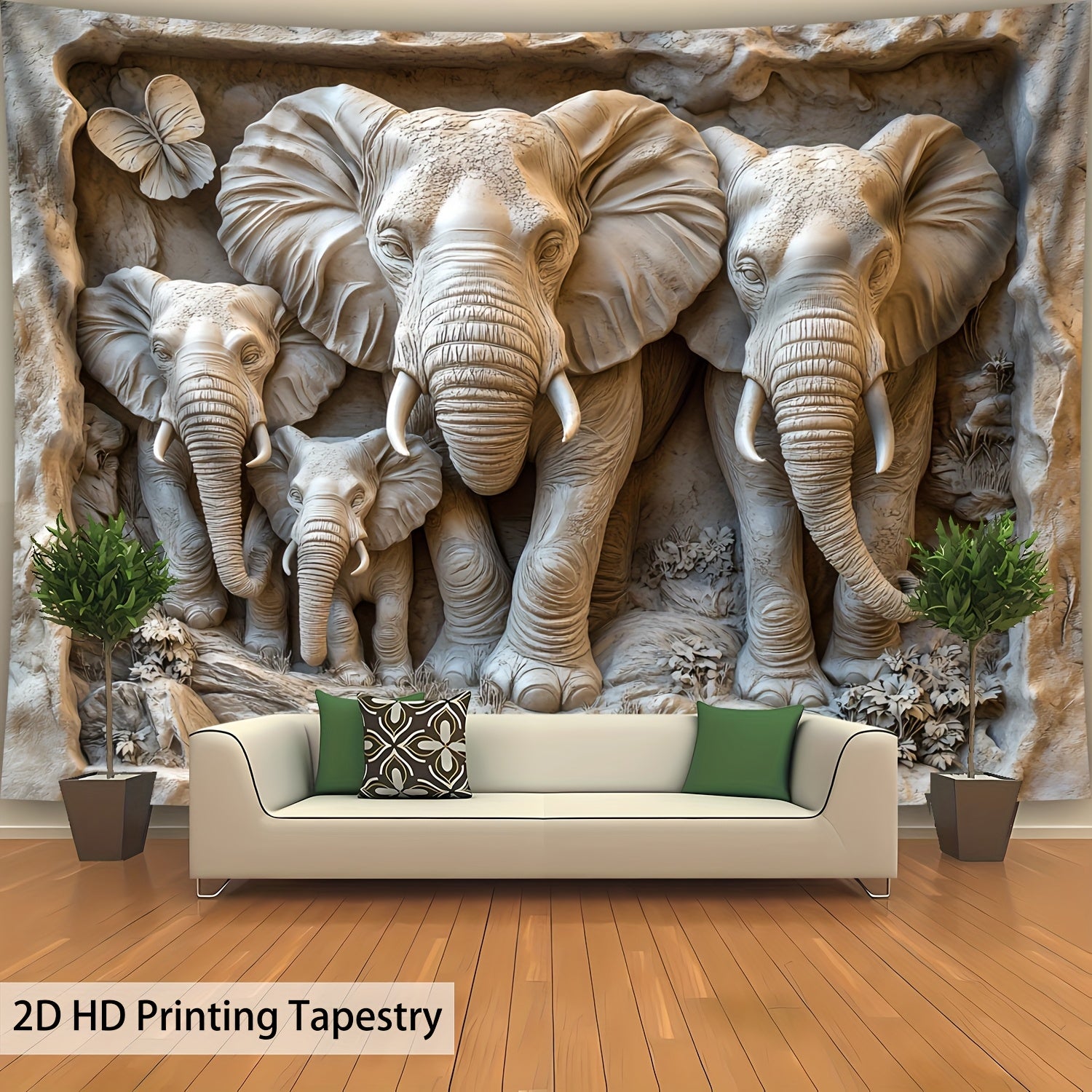 1pc Ultra Large Size 2D Flat Tapestry Not Real Stone Carving Elephant Family Group Photo Background Wall Hanging Large Size Polyester Tapestry for Living Room Bedroom Office Home Room Party…