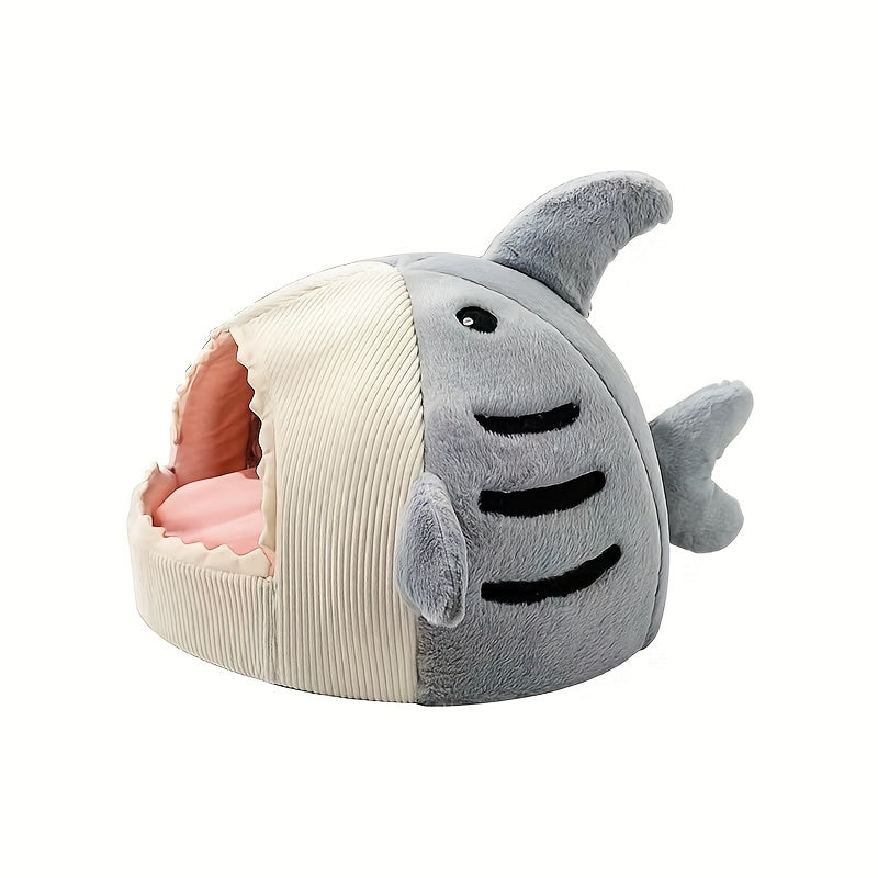 [Cozy Shark Pet Bed] Cozy Shark-Shaped Snug Haven Pet Bed - Removable Cushion, Semi-Enclosed Warm Winter Nest For Small To Large Dogs And Cats