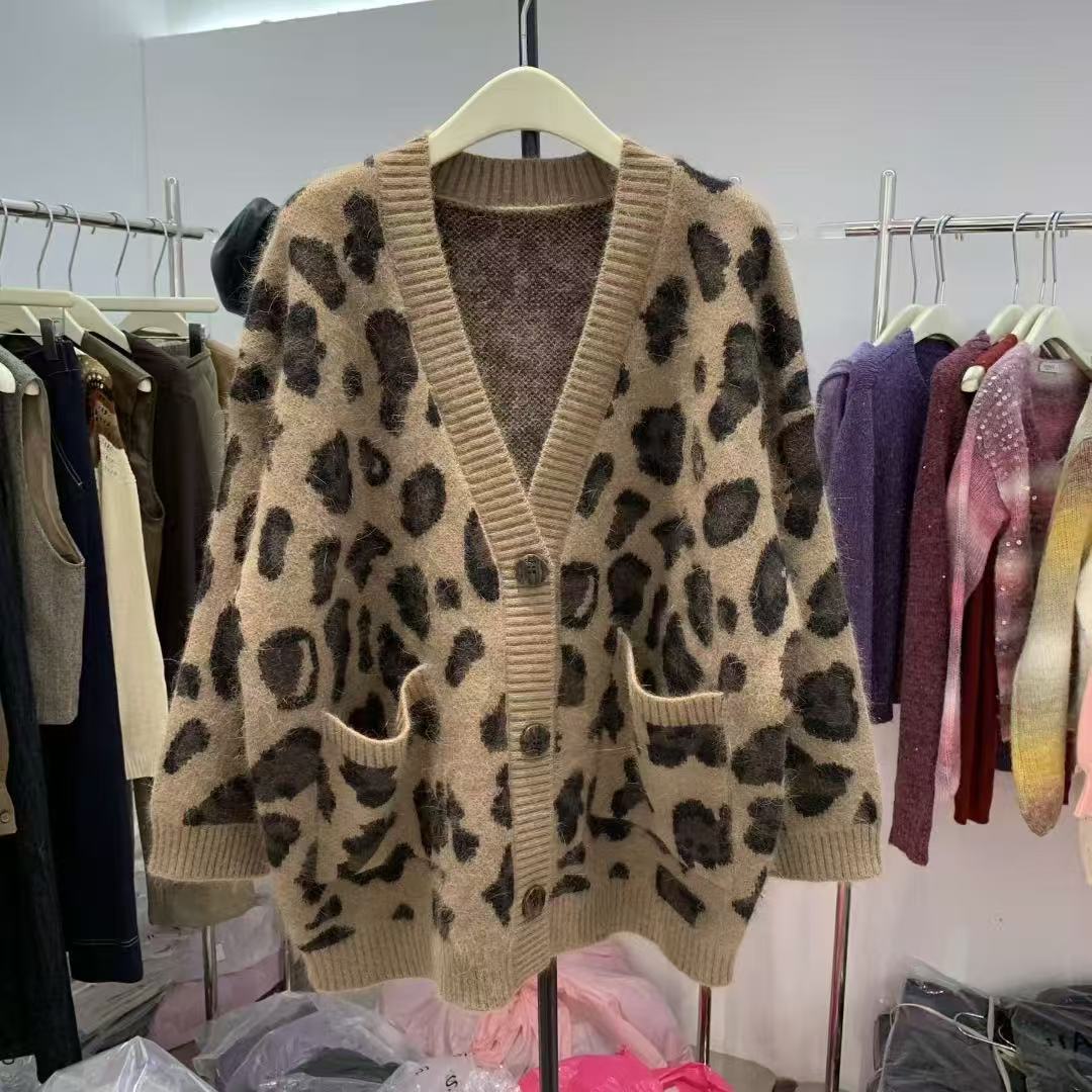 Leopard Print Thick Warm Coat Loose Lazy Knitted Cardigan Sweater