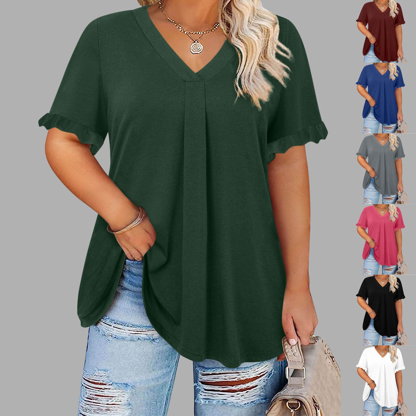 Casual Solid-color Short-sleeve Top With Ruffled Cap Sleeves And A V-neck