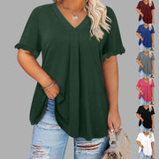 Casual Solid-color Short-sleeve Top With Ruffled Cap Sleeves And A V-neck